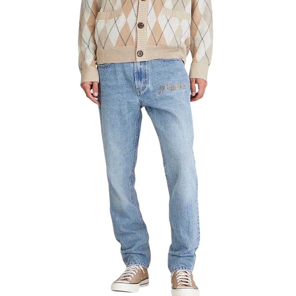 Playboy by PacSun Mens Slim Taper Rigid Jeans Medium Wash Blue 28x30 Embroidered - Picture 1 of 11
